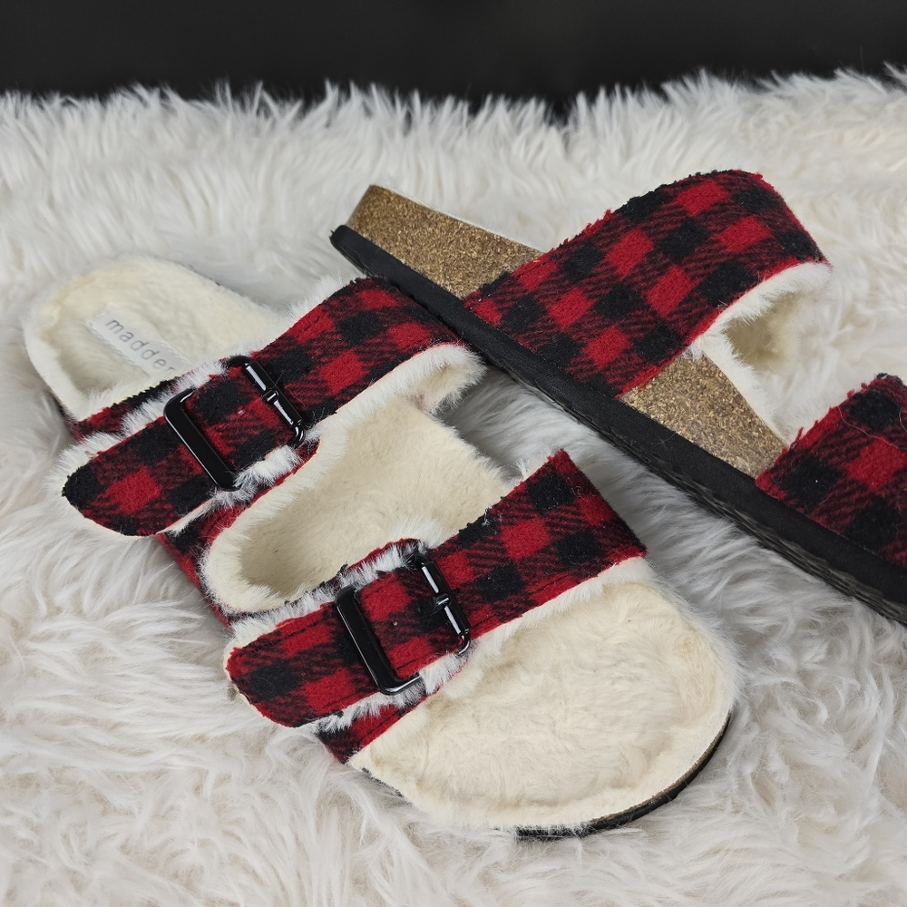 Madden Girl Plaid Faux Fur Slide Sandals